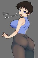 ass big_breasts blue_eyes brown_hair facade_(game) female grace_(facade) looking_back short_hair tight_clothing unknown_artist