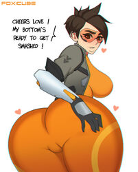 1girls ass big_ass big_breasts bimbo breasts female female_only foxicube huge_ass large_breasts looking_at_viewer looking_back overwatch presenting presenting_hindquarters solo text tracer