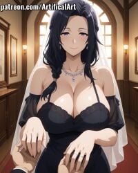 1girls ai_generated artifical_art big_breasts black_hair bride earrings elf elf_ears female gamma_(the_eminence_in_shadow) jewelry kage_no_jitsuryokusha_ni_naritakute! light-skinned_female light_skin long_hair necklace perfect_body pointy_ears purple_eyes the_eminence_in_shadow