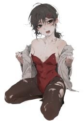1girls absurdres after_fellatio bare_shoulders black_eyes black_hair blush chainsaw_man collarbone crying crying_with_eyes_open cum cum_on_chest female hair_ornament hairclip higashiyama_kobeni highres jacket kneeling le_(szs0k) light-skinned_female light_skin looking_up medium_hair pantyhose playboy_bunny simple_background solo solo_female solo_focus sweat tears torn_clothes torn_pantyhose white_background white_jacket