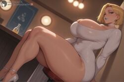 1girl 1girls 2025 ai_generated bar big_breasts blonde_hair blue_eyes blush breasts choker cleavage dress earrings emma_frost emma_frost_(marvel_rivals) female female_focus female_only from_below heels high_resolution highres huge_breasts indoors lips lipstick looking_at_viewer marvel marvel_rivals overflowing_breasts seductive seductive_look seductive_smile self_upload shadyfox short_hair sitting solo solo_female solo_focus stable_diffusion thick_thighs thighs