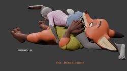 1boy1girl 3d english_text female femdom fox headscissor judy_hopps male mixed_wrestling nick_wilde rabbit sex_fight shorts struggling wrestling zootopia