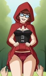 ai_generated ass bigmic145 breasts capelet cartoon_network cleavage corset cosplay female hood panties red_hair red_riding_hood red_riding_hood_(cosplay) scooby-doo scooby-doo!_mystery_incorporated skirt tease teasing velma_dinkley velma_dinkley_(mystery_incorporated)