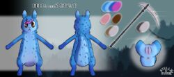bella_(stellaamoris) blue_body blue_fur brown_eyes digital_media_(artwork) digital_painting_(artwork) digitigrade felid feline female fluffy fur head_tuft hi_res innie_vulva mammal melee_weapon model_sheet nude painting_(artwork) paws polearm presenting_vulva rain_world scythe semi-anthro slugcat solo stellaamoris tail text tuft videocult vulva weapon