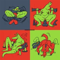 1:1 ambiguous_gender anthro attempted_autofellatio biped body_hair bottomless bottomwear bottomwear_around_one_leg bottomwear_down breasts candle canid clothed clothing clothing_around_one_leg dildo dildo_in_mouth dildo_in_vagina dildo_insertion dildo_sitting erection female genitals green_background green_body green_tongue grey_background holding_dildo holding_object holding_sex_toy jacket jacket_only kinkykikker lagomorph leg_hair leporid male mammal mastectomy_scar masturbation motion_lines navel nipple_clamp open_mouth oral oral_penetration penetration penis pussy rabbit red_background red_body scar sex_toy sex_toy_in_mouth sex_toy_in_vagina sex_toy_insertion shorts shorts_around_one_leg simple_background solo tongue tongue_out topwear topwear_only vaginal_penetration vulva