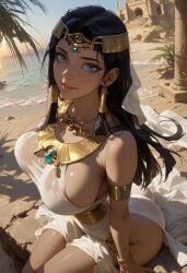 1girls ai_generated bikini blue_eyes breasts cleavage dark_hair dress egyptian female female_only gold_jewelry ishizu_ishtar large_breasts long_hair looking_at_viewer outdoors solo solo_female solo_focus tan_skin tan_skinned_female yu-gi-oh!