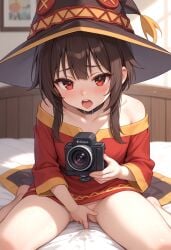 ai ai_assisted ai_generated bed brown_hair camera female masturbation red_eyes selfie solo witch witch_hat