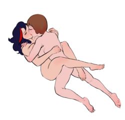 2girls black_hair breast_press brown_hair closed_eyes completely_nude female_only hugging intimate kill_la_kill kissing laying_down leg_hug lordunclebobby making_out mankanshoku_mako matoi_ryuuko multiple_girls short_hair streaked_hair two_tone_hair yuri