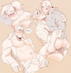 age_difference anal anal_sex bara blush bulge bulge_through_clothing couple cowgirl_position cum_in_ass dilf gay gay_sex glasses hazylulu hug large_pecs medic_(team_fortress_2) moaning moaning_in_pleasure older_male older_male_and_younger_male older_penetrating_younger open_shirt slightly_chubby_male sniper_(team_fortress_2) team_fortress_2 tender upright_straddle yaoi