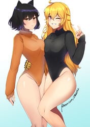 2girls absurdres black_leotard blake_belladonna female female_only highres leotard leotard_sweater long_sleeve_leotard looking_at_viewer orange_leotard rwby uncensored yang_xiao_long z666ful