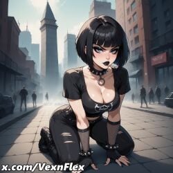 ai_generated all_fours artist_name bangs black_footwear black_gloves black_hair black_lips black_nails black_pants black_shirt blue_eyes blunt_bangs blush bob_cut boots bracelet breasts building cleavage collar collarbone crop_top day female fingerless_gloves fishnets full_body gloves gothic hi_res high_resolution jewelry kneeling large_breasts lipstick looking_at_viewer makeup mascara motor_vehicle outdoors pants piercing shirt short_hair short_sleeves sky solo solo_focus spiked_collar spikes t-shirt torn_clothes torn_pants vexnflex watermark web_address