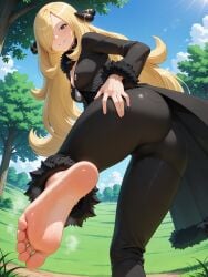 1girls ai_generated barefoot blonde_hair bodily_fluids clothed clothed_female clothing cynthia_(pokemon) feet female female_only foot_fetish foot_focus game_freak light-skinned_female light_skin nintendo outdoors outside pokemon pokemon_bdsp pokemon_dppt public soles solo solo_female solo_focus steam steaming_body steamy_feet sweat sweaty_feet toes