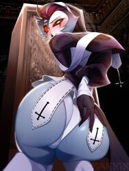 ass ass avian beak bird bird_feet bird_legs blush clothing demon hand_on_butt helluva_boss huge_ass kaenin looking_back male nun nun_outfit panties roleplay stolas_(helluva_boss) thick_ass underwear vivienne_medrano white_panties