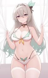 1girls bra breasts cleavage curtains curtains_open female_focus female_only firefly_(honkai:_star_rail) gradient_eyes gradient_hair hair_ornament headband honkai_(series) long_hair looking_at_viewer medium_breasts panties silver_hair smiling smiling_at_viewer solo solo_female thighhighs unknown_artist window