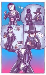 2girls belly.a.seleme buttplug comic intersex_symbol latex magic_item sex_toy tagme unzipped witch