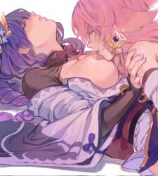 2girls animal_ear_piercing animal_ears bare_shoulders blunt_bangs blush braid breast_sucking breasts breasts_out bridal_gauntlets close-up closed_eyes clothing_cutout cowgirl_position crispyfrites detached_sleeves english_commentary female from_side genshin_impact gradient_hair hair_between_eyes hair_ornament hand_on_another's_shoulder highres huge_breasts japanese_clothes kimono large_breasts leaning_forward leaning_on_person long_braid long_hair looking_down lying multicolored_hair multiple_girls neck_ribbon off_shoulder on_back parted_lips pink_hair pink_lips puffy_nipples purple_eyes purple_hair purple_kimono purple_nails raiden_shogun red_ribbon red_sash ribbon sash sex short_sleeves shoulder_cutout single_braid sweatdrop upper_body wide_sleeves yae_miko yuri