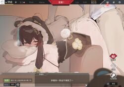 1boy absurdres animal_ears blue_eyes bow breasts brown_hair chinese_commentary commentary_request female hairbow hanging_breasts highres hood large_breasts long_hair motion_lines rabbit_tail sex sex_from_behind solo_focus straight strinova sweat tail translation_request uta_(xuyansong1996) yellow_bow yvette_(strinova)