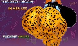 1girls ass ass_bigger_than_head behind_view big_ass big_breasts big_butt blue_skin breasts breasts_bigger_than_head bubble_butt clothing curvaceous curvy curvy_figure digging_up_in_they_ass donisha_parmigiana english_text female female_only fully_clothed huge_ass huge_breasts hyper_ass hyper_breasts leopard_print looking_back pizza_tower purple_background solo solo_female text thick_thighs varix voluptuous voluptuous_female wide_hips