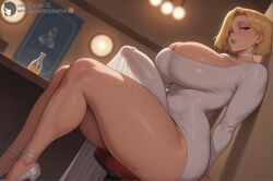 1futa 2025 ai_generated bar big_breasts blonde_hair blue_eyes blush breasts choker cleavage dress earrings emma_frost emma_frost_(marvel_rivals) erect_penis erection erection_under_clothes from_below futa_only futanari heels high_resolution highres huge_breasts indoors lips lipstick looking_at_viewer marvel marvel_rivals overflowing_breasts penis penis_outline seductive seductive_look seductive_smile self_upload shadyfox short_hair sitting solo solo_focus solo_futa stable_diffusion thick_thighs thighs