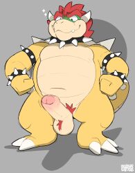 1boy 2025 anthro armband balls belly big_balls big_penis bowser bracelet claws collar erection eyebrows foreskin furry furry_male furry_only genitals glans grey_background hair hi_res horns humanoid_genitalia humanoid_penis jewelry koopa looking_at_viewer male male_only mario_(series) navel nintendo nude penis plantigrade pubes red_hair reptile scalie shadow shell simple_background smile sodacaps solo sparkles spiked_armband spiked_bracelet spiked_collar spiked_shell spiked_tail spikes spikes_(anatomy) standing tail teeth uncircumcised unretracted_foreskin watermark yellow_skin