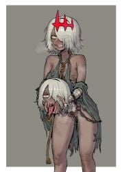 absurdres bandaged_arm bandages bare_shoulders body_writing breasts commentary dark-skinned_female dark_skin ebonyxh english_commentary ero_guro eyes_visible_through_hair female female_pubic_hair gore grey_background grey_hair grin guro highres medium_breasts messy_hair nipple_piercing nipple_rings nipples noose open_mouth oral_invitation original piercing pubic_hair pussy pussy_juice pussy_piercing rags ringed_eyes rope_around_neck saliva scar scar_across_eye scar_on_face severed_head short_hair simple_background smile solaria_(ebonyxh) solo steaming_body sweat teeth tongue tongue_out tongue_piercing uncensored very_sweaty white_background yellow_eyes