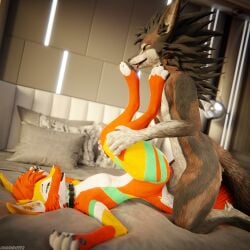 1:1 3d_(artwork) 4k absurd_res animal_genitalia animal_penis anthro anthro_on_anthro anthro_penetrated anthro_penetrating anthro_penetrating_anthro balls bed bedroom bedroom_sex biped black_body black_claws black_fur blender_(artwork) blender_cycles bodily_fluids brown_body brown_fur canid canine canine_genitalia canine_penis canis claws clothing cum cum_drip cum_dripping_from_penis cum_on_penis depth_of_field digital_media_(artwork) dominant dragonplayer dripping duo erection feet foot_fetish foot_lick foot_play fox fur furniture genital_fluids genitals green_body green_fur grey_body grey_fur grumpywoof_(fenris) hair hi_res hindpaw inside knot knuffelfratz licking lying lying_on_bed male male/male male_penetrated male_penetrating male_penetrating_male mammal multicolored_body nude on_bed open_mouth orange_body orange_fur pawpads paws penetration penis reflection rexouium sex slim slim_anthro slim_male slim_sub smile submissive submissive_male tail teeth toe_claws toes tongue tongue_out white_body white_fur yellow_body yellow_fur