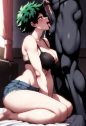 1boy1girl 1girls abs ai_generated blowjob blowjob_face blush boku_no_hero_academia bra breasts cock cock_worship dark-skinned_male dark_skin deku female female_deku izuku_midoriya jokeramamiya kneeling large_breasts licking male my_hero_academia rule_63 seductive smile thick_ass thick_thighs thighs tongue