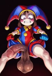 1girls ai_generated artist_request brown_hair clenched_teeth clothes_lift clown clown_girl dark_background dark_balls dark_penis dickgirl futa_only futanari half-erect huge_balls huge_cock humanoid humanoid_penis looking_down low-angle_view low_light pomni pomni_(the_amazing_digital_circus) sagging_balls shocked shocked_expression small_breasts standing the_amazing_digital_circus uncensored veiny_penis