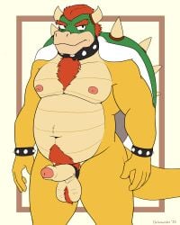 1boy 2025 2_horns accessory anthro ball_tuft balls belly body_hair bowser bracelet chest_tuft chilemeister cock_ring collar countershade_balls countershade_belly countershade_genitalia countershade_penis countershading digital_drawing_(artwork) digital_media_(artwork) erection eyebrows foreskin furry furry_male furry_only genitals green_body green_skin hair happy_trail hi_res horns jewelry koopa male male_nipples male_only mario_(series) muscles muscular muscular_anthro muscular_male nintendo nipples nude_anthro nude_male penis penis_accessory penis_jewelry pubes red_hair reptile scalie shell simple_background solo spiked_bracelet spikes standing tail tuft uncircumcised yellow_body yellow_skin