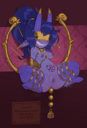 1girls anal_beads anus areolae blindfold blue_hair blush bondage bound breasts character_request completely_nude drooling female female_only gold_(metal) gold_anal_beads gold_piercings hi_res horns huffslove imp long_hair nipple_piercing nipples nude nude_female original original_character pointy_ears ponytail purple_skin pussy shortstack small_breasts solo teeth_clenched thick_thighs whip_marks whipped_ass writing_on_body