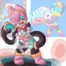 blue_skin brawl brawl_stars broken_clothes colette_(brawl_stars) eyaculation freckles licking licking_pussy living_arms moan no_hands one_girl pink_hair sex skirt suck tokusatsu_colette traitor