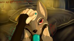 16:9 animal_genitalia animal_penis anthro bedroom bedroom_sex black_body black_fur black_nose blue_body blue_fur blue_penis blurred_background bodily_fluids canid canine colored duo evening fellatio fennec_fox first_person_view fox frozen_autumn fur genital_fluids genitals grey_body grey_fox grey_fur hair headpat hi_res male male/male mammal multicolored_body multicolored_fur oral penile penis petting red_body red_eyes red_fur saliva sex true_fox urocyon viewed_from_above white_hair widescreen yellow_light
