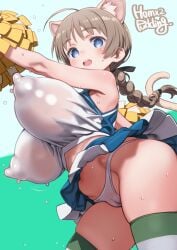 :d alternate_breast_size animal_ear_fluff animal_ears arm_up artist_name bare_arms bare_shoulders blue_background blue_skirt blush bouncing_breasts braid breasts bright_pupils brown_hair cameltoe cat_ears cat_girl cat_tail contrapposto covered_erect_nipples cowboy_shot cropped_shirt green_background green_thighhighs hair_between_eyes highres huge_breasts legs_apart long_hair lynette_bishop miniskirt open_mouth paid_reward_available panties pleated_skirt pom_pom_(cheerleading) puddinghomhom puffy_nipples see-through_clothes see-through_shirt shirt signature skirt smile standing strike_witches striped_clothes striped_thighhighs sweat tail teeth thighhighs underwear upper_teeth_only upskirt white_panties white_pupils white_shirt white_skirt world_witches_series