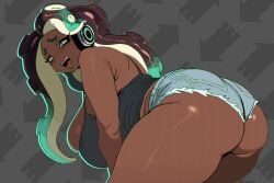 ass big_ass big_breasts big_butt black_hair black_skin breasts butt dress dressed eyelashes focus green_eyes headphones huge_ass huge_breasts huge_butt jxzuke long_hair looking_back marina_(splatoon) octoling octoling_girl open_mouth shorts sideboob splatoon tentacle_hair voluptuous voluptuous_female