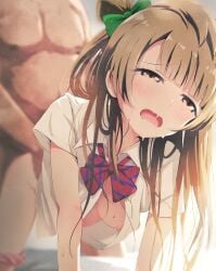 1boy absurdres all_fours asou_(asabu202) blurry blurry_background blush bow bowtie breasts brown_hair clothed_female_nude_male commentary_request doggy_style downblouse drooling fat fat_man female hair_bun highres large_breasts long_hair loose_bowtie love_live! love_live!_school_idol_project male minami_kotori nipples no_bra nude open_clothes open_mouth open_shirt otonokizaka_school_uniform panties panties_around_one_leg pink_panties rape school_uniform sex sex_from_behind short_sleeves solo_focus straight summer_uniform sweat torso_grab underwear