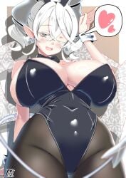 1girls blush bunnysuit demon demon_girl demon_horns demon_tail demon_wings duel_monster earrings female female heart hi_res labrynth_of_the_silver_castle lady_labrynth_of_the_silver_castle leotard looking_at_viewer lovely_labrynth_of_the_silver_castle low-angle_view no_bra one_eye_closed open_mouth playboy_bunny princess solo tama_amata twintails yu-gi-oh!