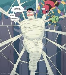 1boy 2025 ariados barocatto bondage bulge chubby chubby_male disgusting flushed flushed_face hat helpless helpless_male male male_focus male_only muffled_speech mummification mummification_(bound) nintendo non-human oc pokemon pokemon_gsc speech_bubble spider spider_web spinarak ugly web_bondage wrapped