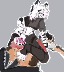 anthro anthro_on_anthro anthro_only canine canine_penis clothed dominant_female erection female_on_top foot_on_balls foot_on_penis footjob ibispaintx male/female pawjob pizzaguyy9 submissive_male