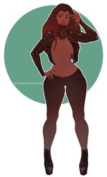 1girls big_breasts breasts cleavage dark-skinned_female dark_skin female female_only hair_braid jeans kokobuttz large_breasts midriff solo solo_female thick_thighs tight_clothing wide_hips