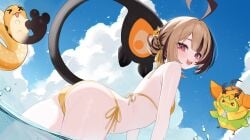 1girls artist_request ass back bent_over bikini butt female gigi_murin hololive hololive_english hololive_english_-justice- looking_at_viewer looking_back skimpy skimpy_bikini solo swimsuit tail virtual_youtuber vtuber water