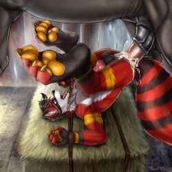 akira_(character) anal animal_genitalia animal_penis anthro anthro_on_feral balls beans_(disambiguation) bodily_fluids bondage bondage bound cum cumshot duo ejaculation equid equine equine_genitalia equine_penis feral genital_fluids genitals hi_res horse hybrid knot male male/male mammal pawpads paws penis procyonid raccoon sex size_difference yaoifairy zoophilia