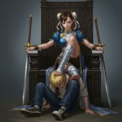blonde_hair boots brown_hair chun-li defeat defeated dominant_female domination dominatrix femdom foot_fetish foot_focus footwear looking_away looking_down stepped_on street_fighter submission submissive submissive_male villainess