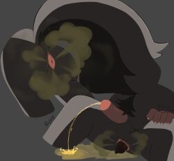 anthro anus artist_name ass balls bipbopstunk bipzy_(bipbopstunk) black_body black_fur black_pubes bodily_fluids brown_body brown_skin claws dirty_anus erection fart fart_cloud feces feces_on_anus finger_claws fur genital_fluids genitals grey_background grey_body grey_fur hi_res humanoid_genitalia humanoid_penis male mammal mephitid peeing peeing_on_ground peeing_while_erect penis perineum pooping_on_floor pubes raised_tail scat scatplay simple_background sitting sitting_on_ground skunk solo sound_effects tail text urine urine_on_ground urine_pool urine_stream