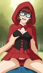 ai_generated ass bigmic145 breasts capelet cartoon_network cleavage corset cosplay cowgirl_position female hood implied_sex panties red_hair red_riding_hood red_riding_hood_(cosplay) scooby-doo scooby-doo!_mystery_incorporated sexually_suggestive skirt tease teasing velma_dinkley velma_dinkley_(mystery_incorporated)