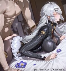 ai_generated cleavage clothed_female_nude_male hair_ornament long_sleeves nude_male pantyhose patreon patreon_username prone prone_position skirt tie torn_clothes white_hair xzollosez yellow_eyes