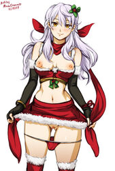 1girls alternate_costume artist_name black_gloves bracelet breasts breasts_out closed_mouth dated elbow_gloves exposed_breasts female fingerless_gloves fire_emblem fire_emblem:_radiant_dawn fur_trim gloves jewelry long_hair micaiah_(fire_emblem) midriff minacream navel nipples panties panties_around_leg panties_around_thighs panty_pull pussy pussy_peek red_scarf scarf silver_hair simple_background skirt skirt_lift smile solo top_pull top_pulled_down underwear white_background yellow_eyes