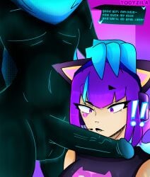 1boy 1girls aqua_scarf artist_request brawl_stars cat_headphones clothed_female clothed_sex comic dick english_text female gamer_girl glitch_lawrie_(brawl_stars) idol_melodie_(brawl_stars) lawrie_(brawl_stars) looking_at_penis male male/female melodie_(brawl_stars) naked_male nude_male oral oral_sex penis penis_in_breasts penis_on_breast rarepair robot robot_boy robot_humanoid supercell tagme text todyzila(artist)