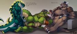 2017 alex_(jrbart) all_fours alternate_version_at_source anal anal_sex anthro anthro_on_anthro anthro_penetrated anthro_penetrating anthro_penetrating_anthro armor axelthedino ball_tuft balls barazoku belly blue_body blue_penis bodily_fluids body_hair bracelet brown_body brown_penis chest_tuft collar crazydrak crocodile crocodilian crotch_tuft cum dark_nipples digital_media_(artwork) dinosaur english_text facial_hair facial_spikes feet genital_fluids genital_piercing genitals green_body green_scales group happy_trail headgear hekar helmet hi_res humanoid_genitalia humanoid_penis jakensitou jewelry kneeling licking male male/male male_penetrated male_penetrating male_penetrating_male musclegut muscular muscular_anthro muscular_male nipple_piercing nipples nude oral penetration penile penile_penetration penis penis_in_ass penis_lick piercing pink_penis prehistoric_species reclining reptile saliva scales scalie scrotum_piercing sex sex_toy slightly_chubby soles spiked_collar spikes spikes_(anatomy) tan_body tan_scales text tongue tongue_out tuft vein veiny_penis