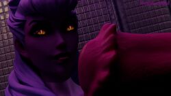 evelynn glory_hole horsecock imminent_oral league_of_legends purple_hair smirk yellow_eyes