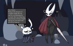 absurd_res angry arrogant arthropod black_body breasts cape cloak female hi_res hollow_knight hornet_(hollow_knight) insects male pussy red_cape saucepit_(artist) size_difference smaller_male superabsurd_res thick_thighs weapon zote zote_the_unmighty